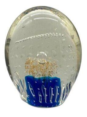 Handblown Oval Art Glass Paperweight Gold Flake & Blue Accents Polished Bottom